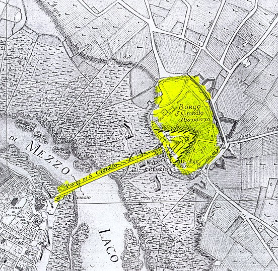 stampa con la pianta del borgo e la zona demolita